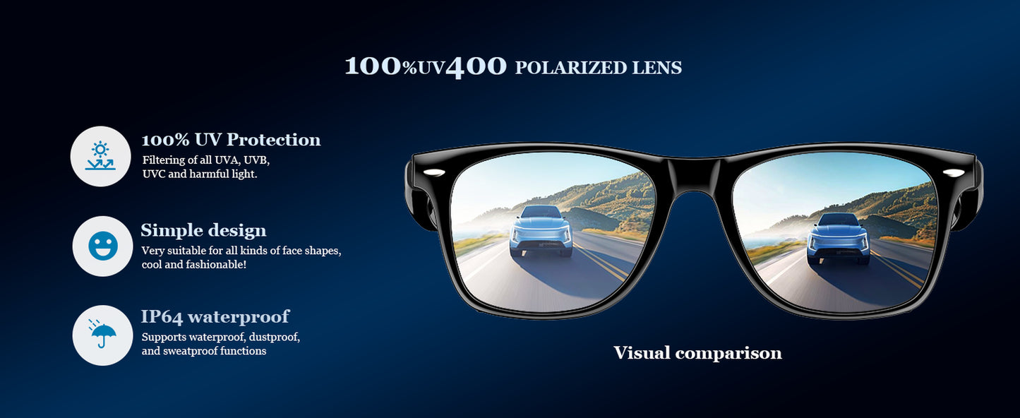 Smart Glasses Polarized Sunglass Audio Mic Speakers Bluetooth Call Remote Camera
